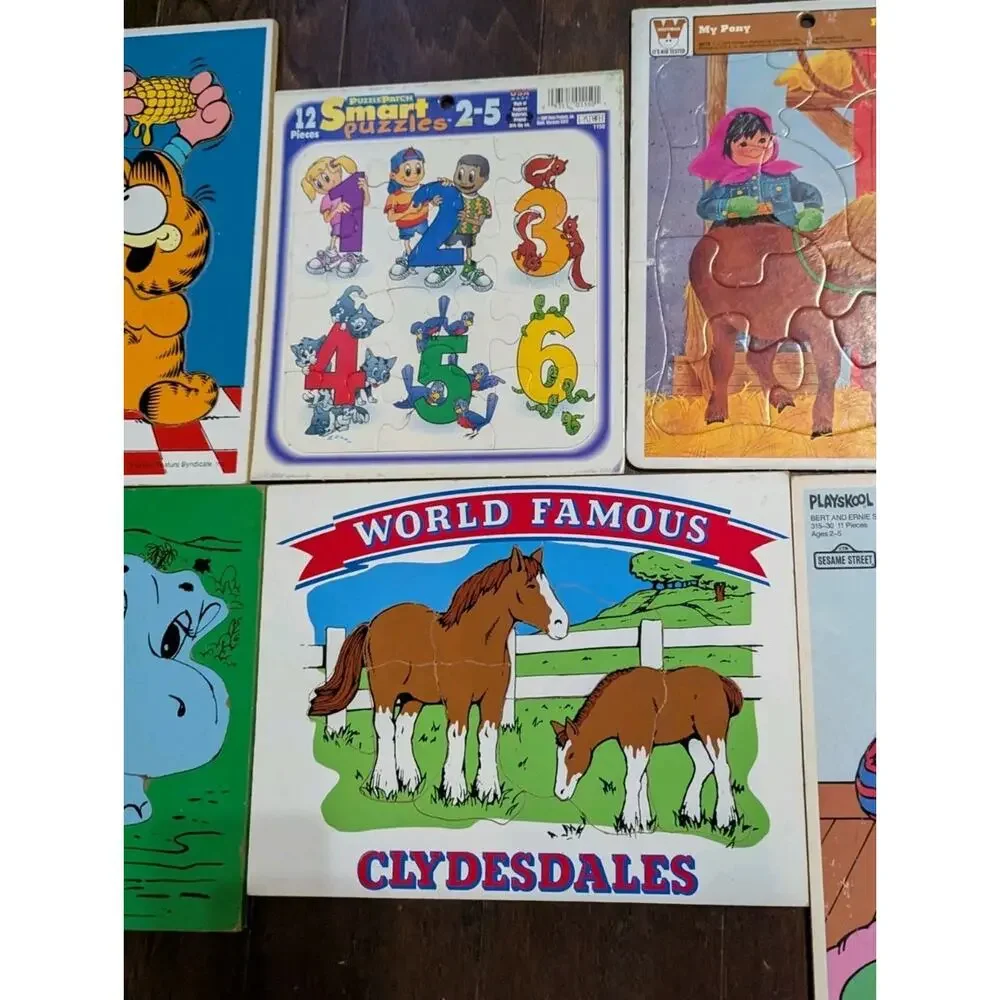 Vtg Wooden Cardboard Tray Puzzle Lot 6 Sesame Street Garfield Whitman Playskool